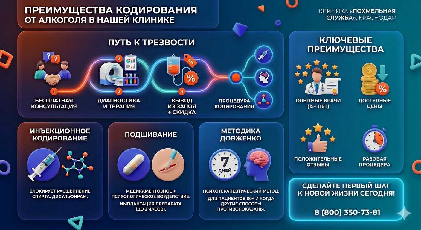 Инфографика о методах кодирования от алкоголя в Ардатове: инъекции, подшивание, метод Довженко. Преимущества клиники и этапы лечения.
